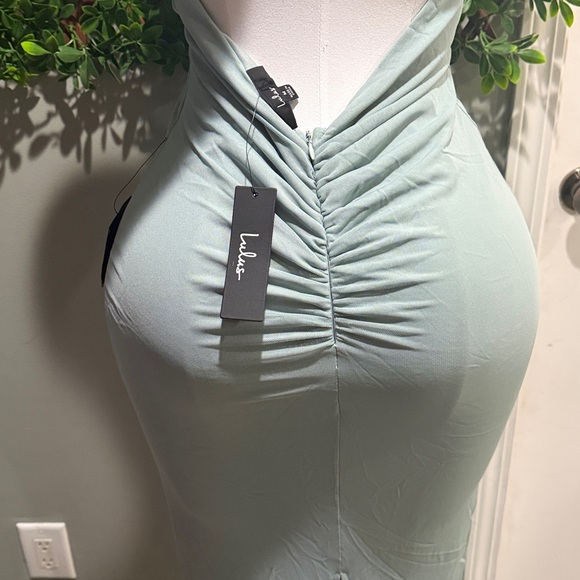 NWT-Celebratory Love Sage Green Mesh Ruched Halter Dress - Picture 9 of 13